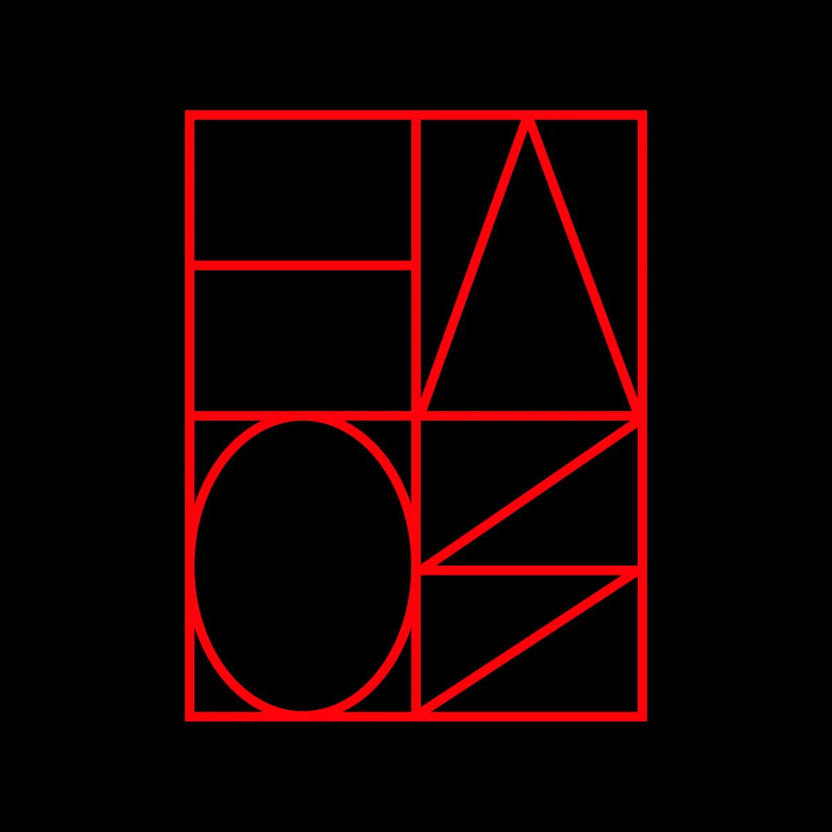 Red geometric HAOS album artwork on a black background
